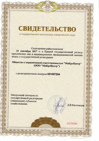 Первая страница: Свидетельство о государственной регистрации (рег. № 691557204 от 21.09.2017)
